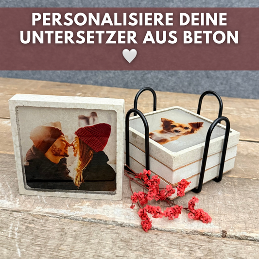 SET- 4 PERSONALISIERTE UNTERSETZER aus Beton + Metallständer schwarz I Geschenkidee I Hochzeitsgeschenk I Personalisierte Geschenke mit Foto